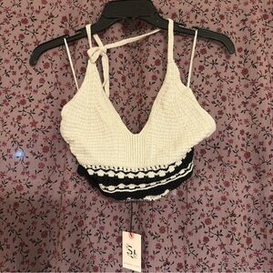Sincerely Jules Cream and Black Patterned Crochet Halter Bralette Crop Top NWT